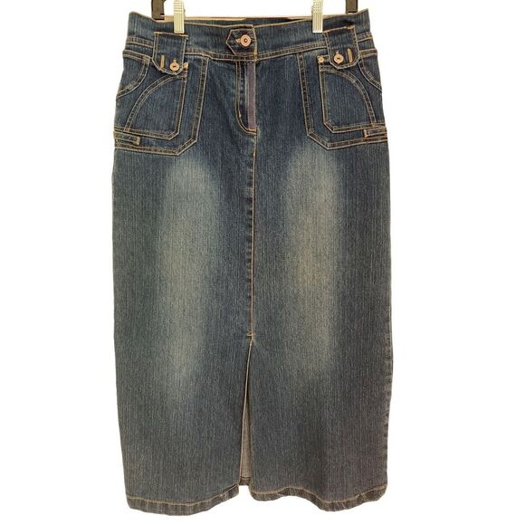 U.S.A. Brand Vintage Denim Midi Skirt with Front Pockets and Slit 12/14 - Picture 1 of 7